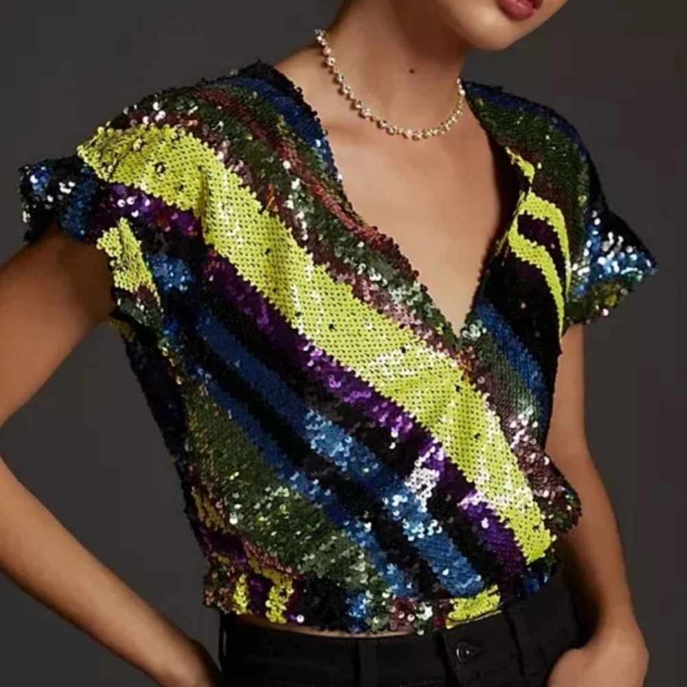 Anthropologie Lime Multi Sequin Wrap Crop Top